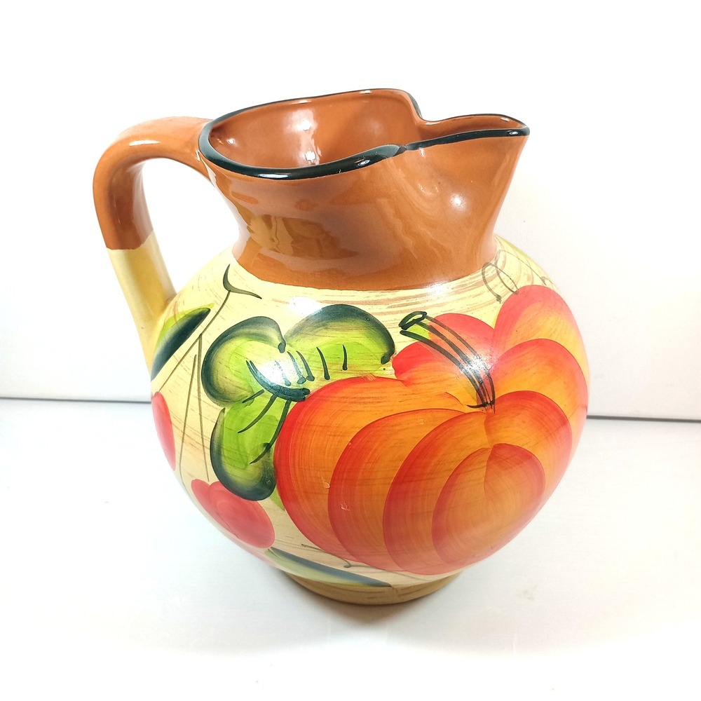 Pizzato Large Ceramic Pitcher Hand Painted Italy Harvest Fruit Pumpkin Decor 10"